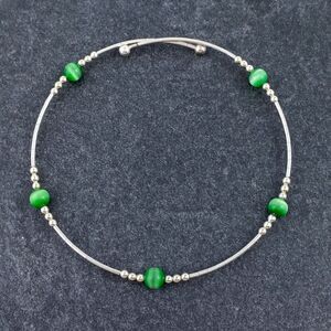 Women's Sterling Silver 925 Memory Wire Green Simulated Cat's Eye Bracelet 7.5"